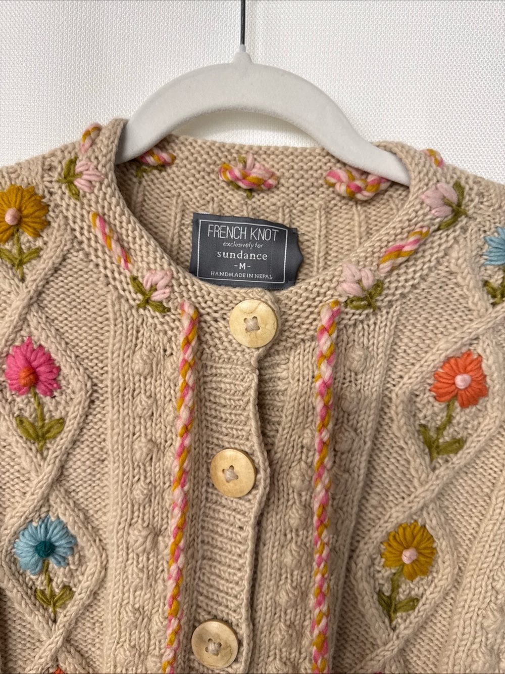 French Knot x Sundance Heritage Blooms Cardigan Wool Sz M Nepal Bubble Knit - Picture 6 of 12